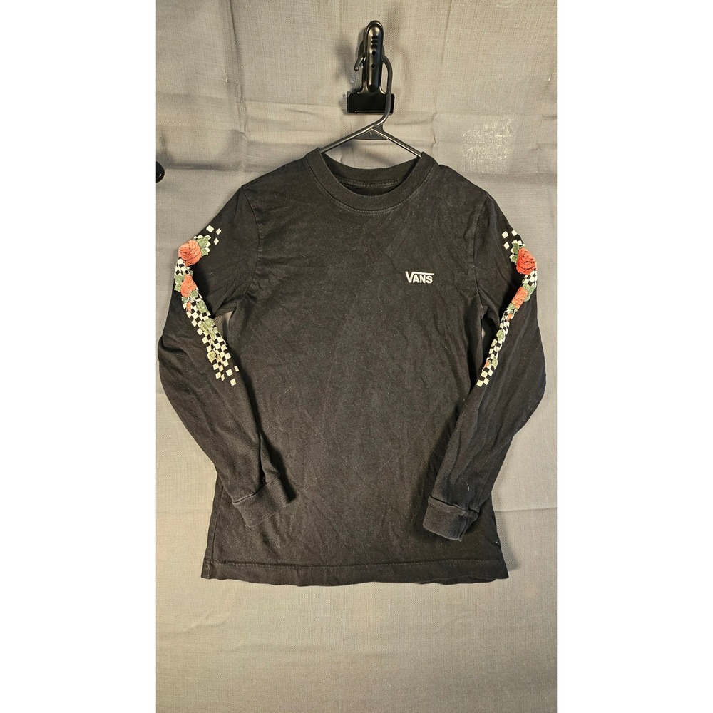 Vans Small Black Long Sleeve T-Shirt Rose Checkerboard Graphic Logo Tee